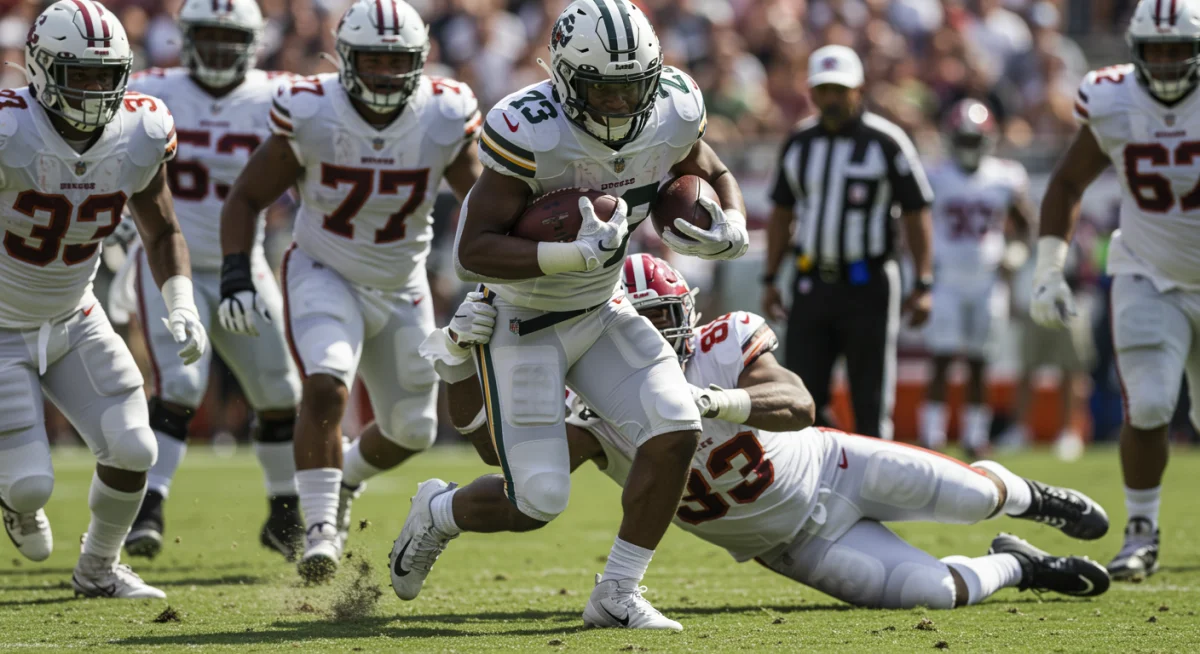 Dynamic running back breaking a tackle during an NFL game, showcasing unexpected strength.