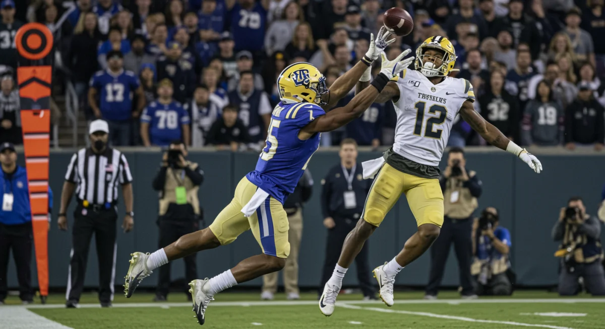 Wide receiver making a spectacular catch over a defender, demonstrating offensive prowess.